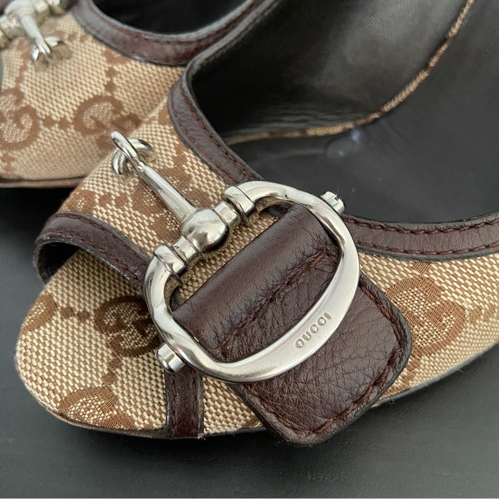 Gucci Monogram Peep-Toe Heels Brown Leather Canvas - Picture 2 of 11